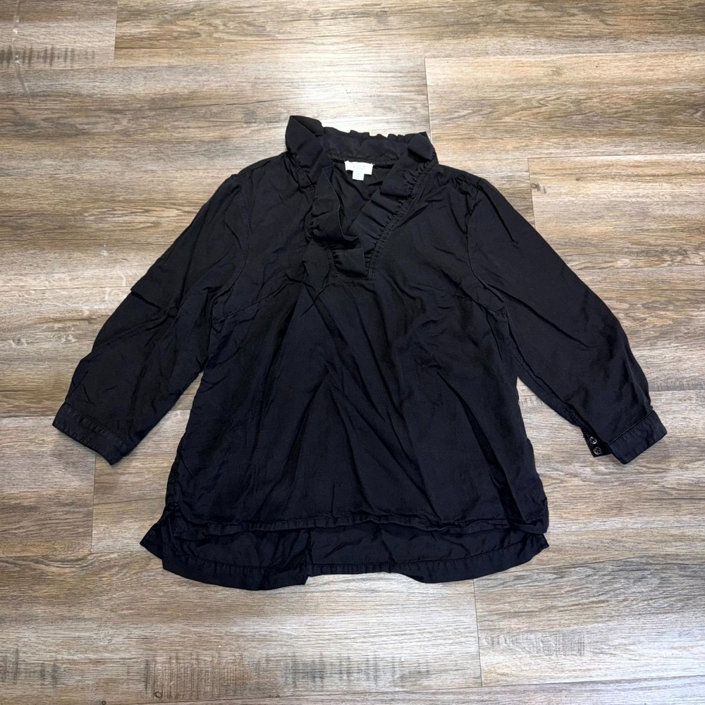 Crown & Ivy Black Blouse Top Womens Petite S Side Slit 3/4 Sleeve Ruffle V Neck